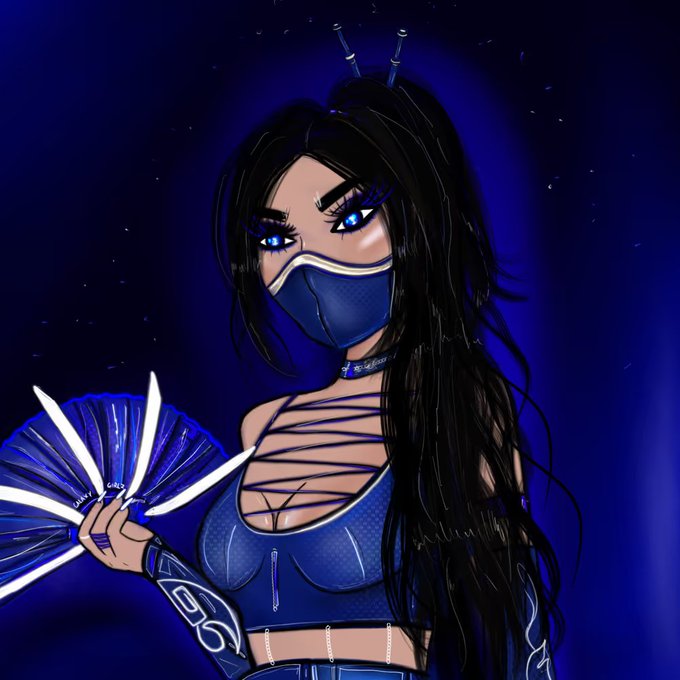 An illustrated anime-style female ninja character with long black hair, blue eyes, and a face mask holding bladed fans against a dark blue background.