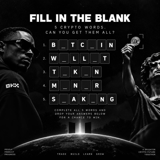 An OKX promotional 'FILL IN THE BLANK' puzzle asks viewers to solve 5 crypto words with visible letters including 'B_TC_IN' (BITCOIN) and 'W_LL_T' (WALLET). The ad features two figures in dark attire with the text 'TRADE BUILD LEARN GROW.'