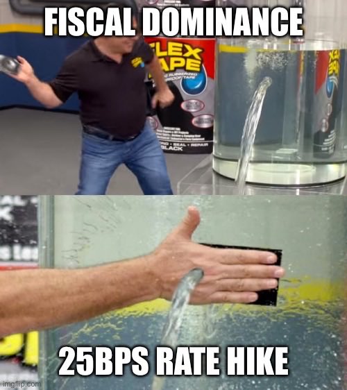A two-panel meme illustrating "FISCAL DOMINANCE" at the top and "25BPS RATE HIKE" at the bottom, using images of Flex Tape to patch a leaking container.