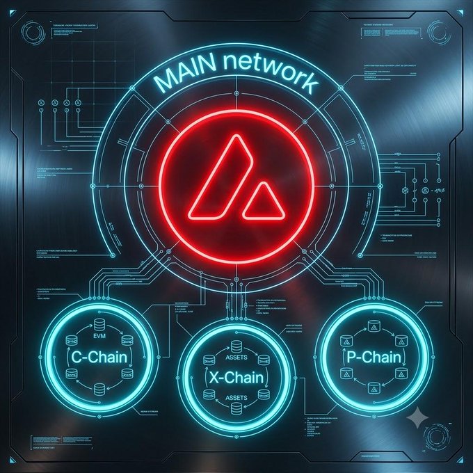 A futuristic neon-style diagram illustrating the Avalanche blockchain main network architecture, featuring a central red logo and three connected chains labeled C-Chain, X-Chain, and P-Chain.