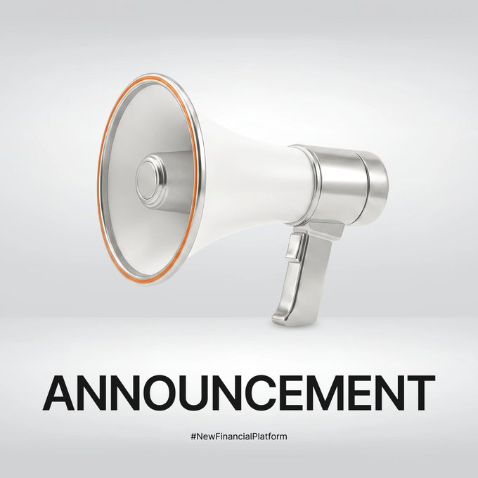 A sleek silver and white megaphone with an orange-accented rim is displayed above bold black text reading "ANNOUNCEMENT" and the hashtag "#NewFinancialPlatform," visually amplifying the message's launch of Perp Options for trading stock perpetuals like SPCX and NVDA.