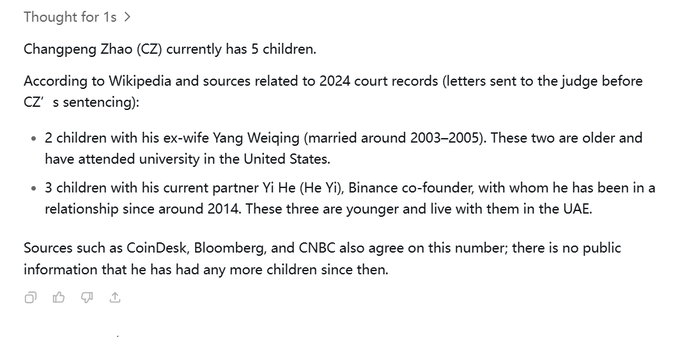 A text snippet claiming that Changpeng Zhao (CZ) has 5 children: 2 with ex-wife Yang Weiqing and 3 with partner Yi He, citing court documents and sources like CoinDesk, Bloomberg, and CNBC.