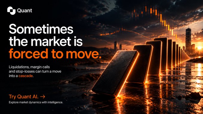 An advertisement for Quant AI featuring the text 'Sometimes the market is forced to move' and 'Liquidations, margin calls and stop-losses can turn a move into a cascade,' set against a background of falling dominoes.