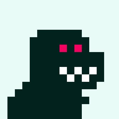 A pixel art character in dark teal with red eyes and a wide white toothy grin on a light teal background.