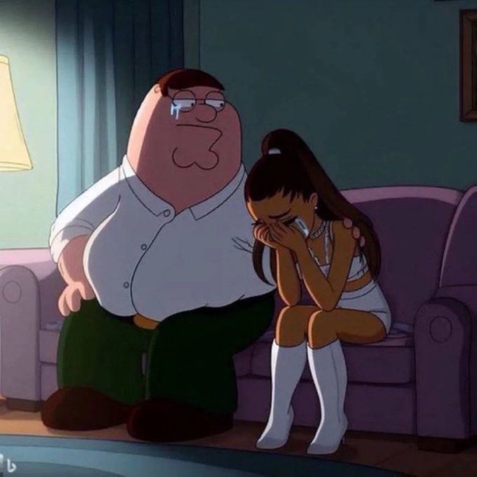 A cartoon image styled like Family Guy shows Peter Griffin, also crying with tears streaming down his face, sitting next to a woman on a couch who is covering her face as she weeps, humorously depicting the shared heartbreak between the man and his girlfriend after she discovers that all his $1M+ wealth is tied up in cryptocurrency rather than his bank account, which has $0.