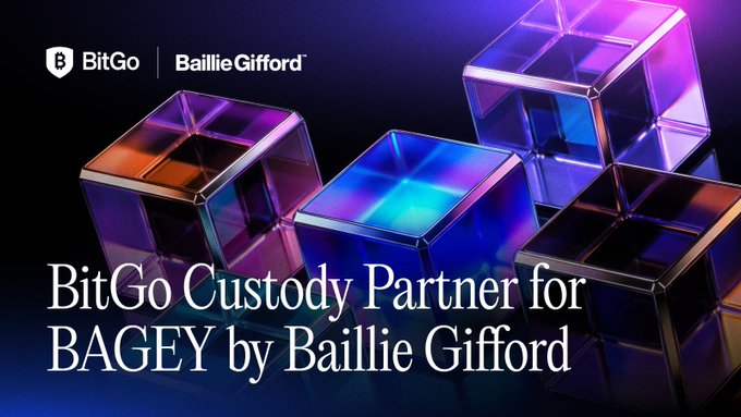 A promotional graphic for BitGo Custody Partner for BAGEY by Baillie Gifford, featuring iridescent glass cubes on a dark background with both company logos.