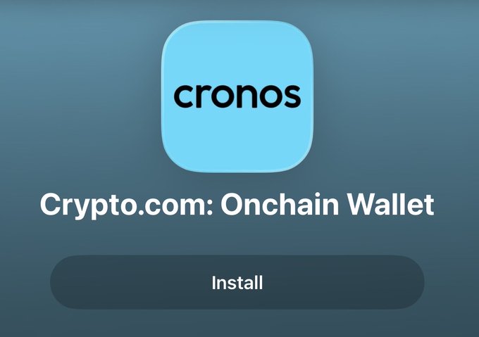 The image shows the Cro app icon on a dark background with an "Install" button, promoting the "Crypto.com: Onchain Wallet." This relates to the post as the user has joined the closed beta for Cronos ($CRO), and the image highlights the wallet app download tied to that ecosystem.
