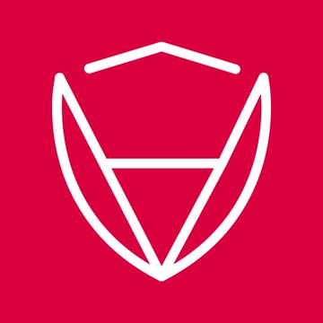 A simple white geometric logo resembling a stylized fox or shield emblem on a solid red background.