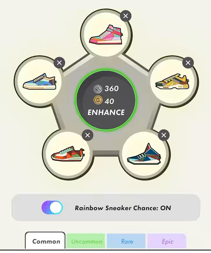 The image shows a collection of six different sneakers, each with unique colors and designs. The sneakers are arranged in two rows of three, with one row at the top and another at the bottom. Each sneaker has its own distinct color and style, making them easily distinguishable from one another. The post is titled "Rainbow Sneaker Sneaker Chance: ON" and provides a list of options for users to choose their preferred sneakers.
