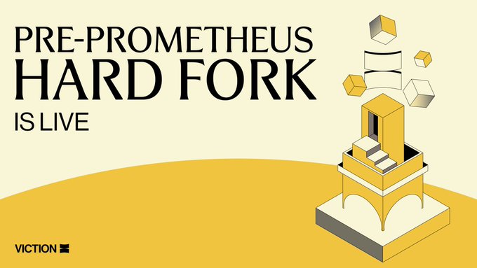 A yellow and cream promotional graphic reading 'PRE-PROMETHEUS HARD FORK IS LIVE' with the Viction logo and an illustration of an isometric yellow structure with floating cubes.