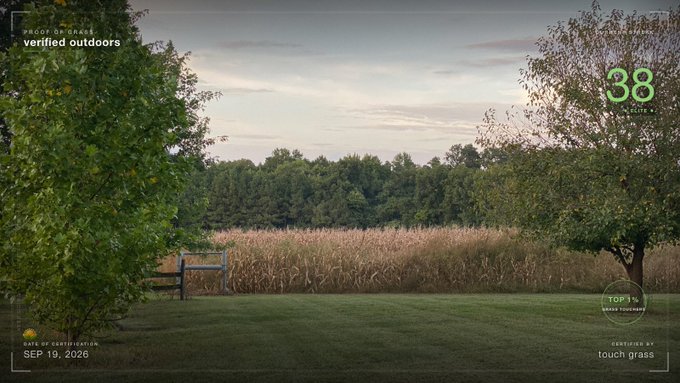 A scenic landscape features a field of tall grass and trees, overlaid with an interface displaying 'verified outdoors', '38°C', 'SEP 19, 2026', and 'touch grass'.