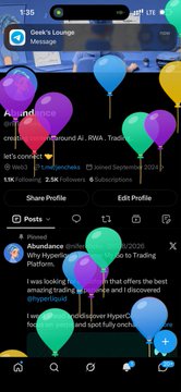 A mobile screenshot of an X post by "Abundance" (@Abundance) in the "Gee's Lounge" tab, with the visible caption "I was looking for apps that offers the best emailing trading exchange and I discovered..." and 2.5K reposts, decorated with colorful balloon emojis matching the birthday-themed post requesting monetary gifts from followers.