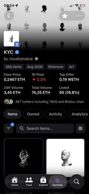 A screenshot of a mobile NFT marketplace app showing a collection called 'KYC' by visualizelau, with 565 items, a floor price of 0.2467 ETH, 74.25 ETH total volume, and 95 listed items on Ethereum.