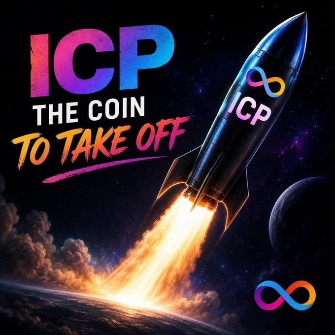 A promotional graphic featuring a rocket launching into space with the text 'ICP THE COIN TO TAKE OFF' and infinity logos representing the ICP cryptocurrency.
