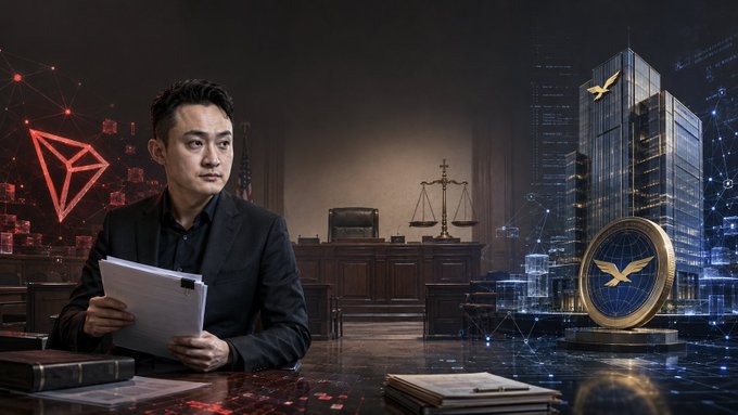Justin Sun, the founder of TRON, is shown in a courtroom setting holding legal documents, with the TRON logo visible on the left and the World Liberty Financial logo (a gold coin with an eagle emblem) on the right, illustrating his federal lawsuit against World Liberty Financial.

(Note: No readable text, numbers, or tickers appear in the image itself beyond the symbolic TRON and World Liberty Financial logos.)