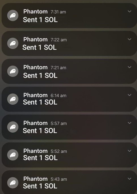A screenshot of a chat or notification history showing multiple repeated messages from a user named 'Phantom' that each read 'Sent 1 SOL,' with timestamps ranging from 5:43 am to 7:31 am.
