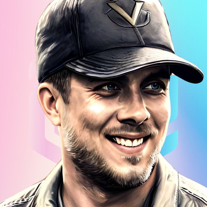Digital illustration portrait of a smiling man wearing a dark baseball cap with a 'V' logo and a light-colored jacket, set against a pink and blue gradient background.