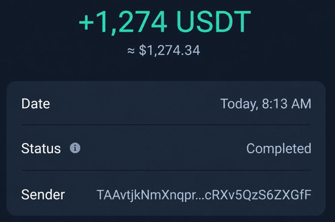 A crypto wallet transaction receipt showing a completed deposit of +1,274 USDT (~$1,274.34) received today at 8:13 AM from a partial sender address starting with "TAAvtjkNmXnqpr," illustrating a successful airdrop or reward claim as referenced in the post about tools for farming crypto airdrops.
