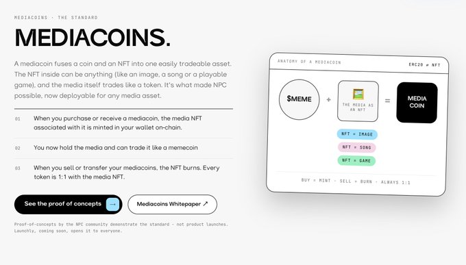 A Mediacoins landing page introduces the concept of a mediacoin, which fuses a coin and an NFT ($MEME + NFT = MEDIA COIN) into a single tradable asset with a 1:1 token-to-NFT ratio. The page features an "Anatomy of a Mediaccount" diagram showing the NFT containing media such as images, songs, or games, alongside links to the proof of concepts and Mediaccount Whitepaper.