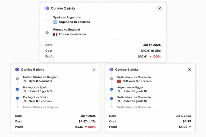 Betting combo tickets showing match predictions including Spain vs Argentina (Argentina to advance), France vs England (France to advance), United States vs Belgium, Portugal vs Spain, Argentina vs Egypt, and Switzerland vs Colombia, with costs and profits displayed.
