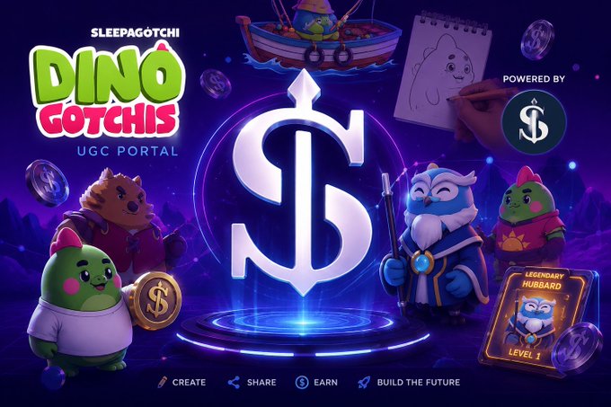 A promotional banner for 'Sleepagotchi Dino Gotchis UGC Portal' featuring cartoon dinosaurs, a central dollar sign logo, and options to create, share, earn, and build, alongside a 'Legendary Hubbard Level 1' NFT card.