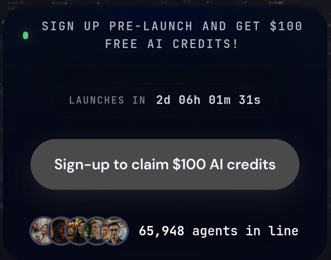 A dark promotional graphic announces "SIGN UP PRE-LAUNCH AND GET $100 FREE AI CREDITS!" with a countdown showing the launch in 2 days, 06 hours, 01 minute, and 31 seconds, a button reading "Sign-up to claim $100 AI credits," and a social proof indicator of "65,948 agents in line" alongside four avatar icons—visually reinforcing the Senpi waitlist signup offer from the accompanying post.