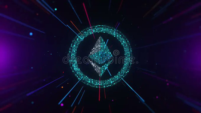 A digital art piece featuring a glowing teal circle containing a 3D Ethereum diamond logo, set against a dark background with radiating purple and red light streaks.