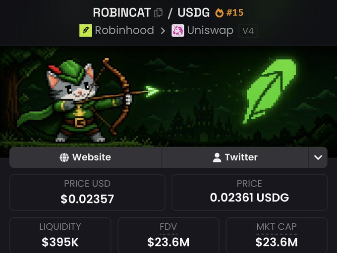A crypto trading page for ROBINCAT / USDG on Robinhood/Uniswap showing a price of $0.02357, liquidity of $395K, and market cap of $23.6M.