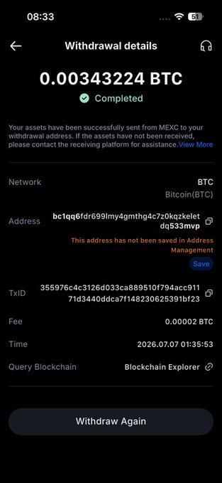 A mobile screenshot of a MEXC withdrawal confirmation page showing a completed transaction of 0.00343224 BTC (Bitcoin) sent to address "bc1qq6fdr699lmy4gmthg4c7z0kqzkeletdq533mvp," supporting the poster's claim that funds were unexpectedly withdrawn from their MEXC account without their authorization.