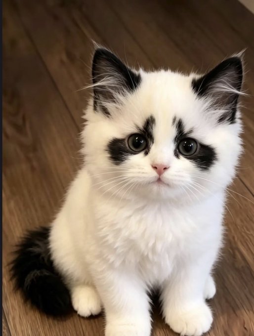 A fluffy black and white kitten with large eyes sits on a wooden floor, looking directly at the camera.