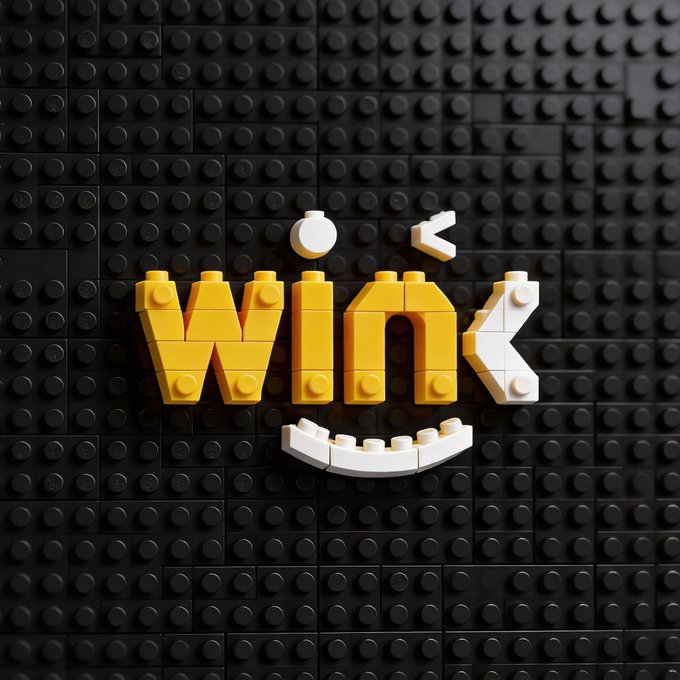 The image shows the "WINk" logo creatively constructed from LEGO bricks in yellow and white against a black LEGO background. This visually represents the post's theme of WINkLink as a building block in blockchain technology, illustrating how the decentralized oracle service helps construct functional smart contracts by providing essential external data.