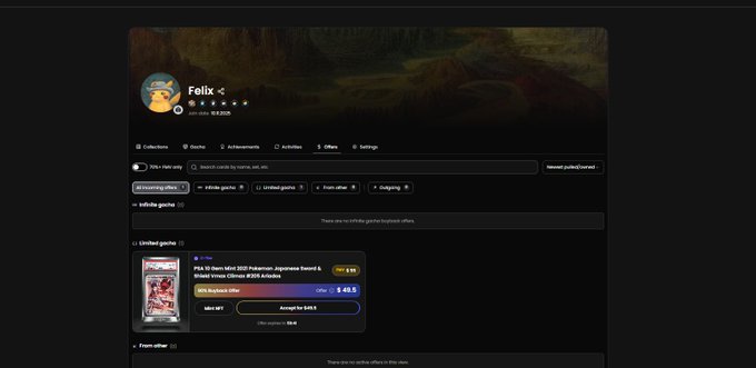 A user profile page on a digital collectibles platform displays the account "Felix" with 313,395 items and 328,2082 points, featuring a Pokémon card PSA 10 item Mini 2023 Pokémon Japanese Sword & Shield Promo Umbreon listed for $693.65, with the caption referencing an upcoming 9 PM AMA.
