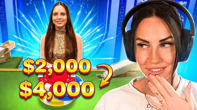 The image is a YouTube thumbnail featuring a young woman on the left in a gold top against a bright blue, sparkly background, with the text "$2,000" stacked above "$4,000" in bold yellow and red lettering, alongside a gambling chip and stacked cash. On the right, a close-up shows another woman wearing headphones, smiling with her hands clasped near her face. The thumbnail ties into the post's premise of a blackjack gambling stream at BC.Game, where the goal is to double a $2,000 bankroll into $4,000, with a $25 prize giveaway for viewers who retweet and tag a friend via the linked YouTube video.