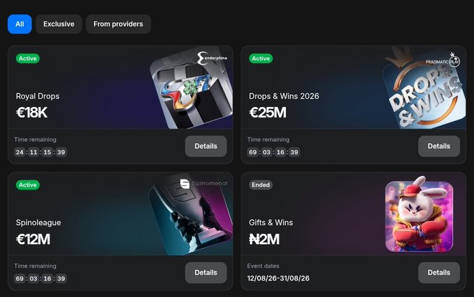 A promotional dashboard displays four active and ended casino tournament events, including "Royal Drops" with €18K prize pool and "Drops & Wins 2026" featuring a €25M prize pool with 69 days, 3 hours, 16 minutes, and 39 seconds remaining, alongside "Spinoleague" (€12M) and "Gifts & Wins" (₦2M). The image visually supports the post by showcasing the massive €25M Drops & Wins prize pool from Pragmatic Play that 1win leverages in its nonstop Crypto Mix tournaments.