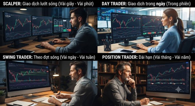 An infographic comparing four types of traders with Vietnamese descriptions: SCALPER ('Giao dịch lướt sóng - Vài giây - Vài phút'), DAY TRADER ('Giao dịch trong ngày - Trong phiên'), SWING TRADER ('Theo đợt sóng - Vài ngày - Vài tuần'), and POSITION TRADER ('Dài hạn - Vài tháng - Vài năm'), each shown working at multi-monitor trading setups.