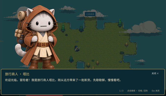 A screenshot from a video game showing a cat character dressed as a traveling merchant (旅行商人·塔比) with a backpack, set against a pixel-art map background, featuring Chinese dialogue text.