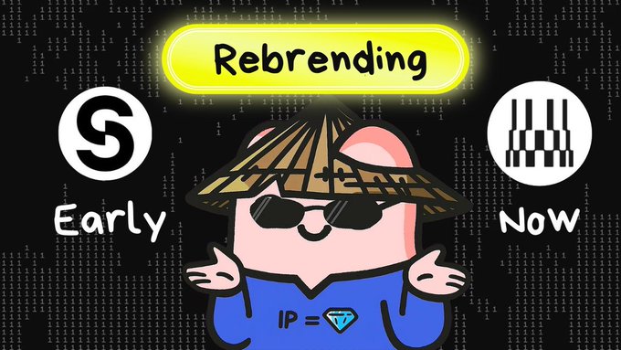 An image showing a cartoon pig wearing sunglasses and a straw hat under a "Rebranding" banner, with the Story Protocol logo labeled "Early" on the left and a piano key logo labeled "Now" on the right. The image illustrates the rebrand of Story Protocol (formerly) into what appears to be a music-focused entity, reflecting the post's mention of the team's evolution from building an IP layer for programmable assets to a new direction connected with music rights like Justin Bieber's catalog.