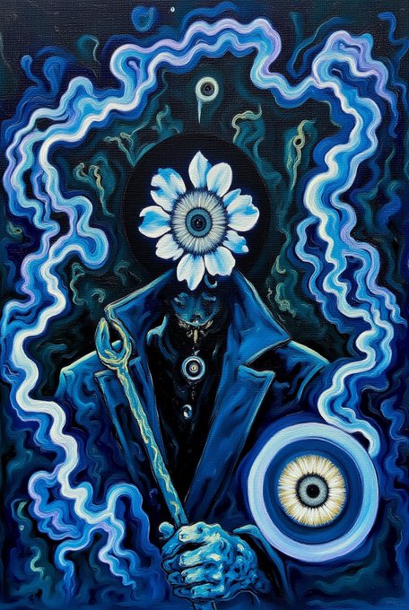 A surreal painting of a blue-toned figure with a white daisy for a head, surrounded by flowing energy lines and holding a large eye.