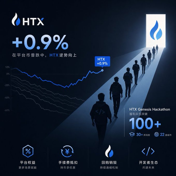 HTX cryptocurrency promotional poster showing +0.9% gains amid a broader market downturn, featuring silhouettes walking toward an illuminated doorway and mentioning 'HTX Genesis Hackathon' with 100+ registrations.