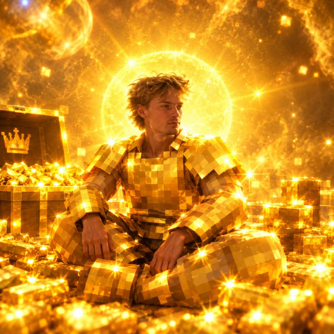 A digitally composed image of a young man in a gold checkered outfit meditating cross-legged among glowing gold treasures and chests under a radiant sun.