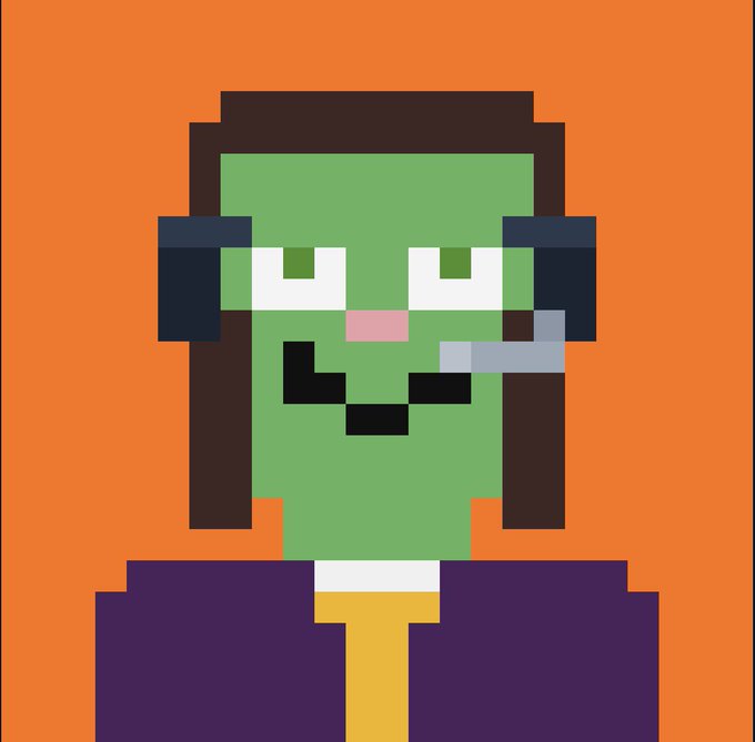 A pixel art illustration of a green-skinned character with brown hair, white eyes, and a pink nose, wearing a purple shirt and yellow tie, smoking a cigarette against an orange background.
