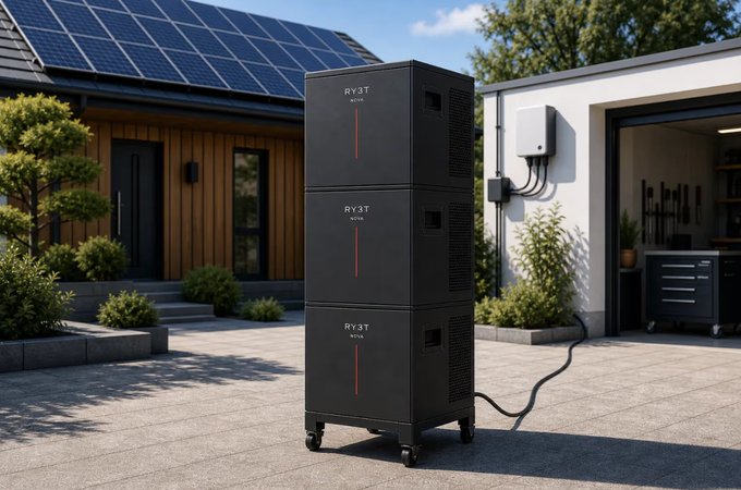 A black, modular RY3T Nova Bitcoin miner stacked in three tiers sits on a paved driveway, connected via cable to a home with rooftop solar panels and an adjacent garage—visually reinforcing how the device converts excess solar energy into Bitcoin sats.
