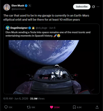 The image features an advertisement for a car company, with a picture of a man driving the car and the words "Starman" written above him. The caption reads, "I've messaged a lot of Asteroid holders today asking why Asteroid isn' t in the official SpaceX IPO comms. ButSTARMAN is. Everywhere. Not a single one of them has got back to me. Or given me a reason."