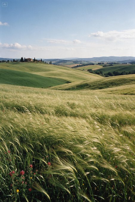 A scenic landscape view of golden wheat fields swaying in the foreground, with rolling green hills, a farmhouse, and distant mountains under a blue sky with scattered clouds.
