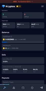 A screenshot of the Kryptex mobile app dashboard showing a daily income of 710.8 KHS/s, an unpaid balance of 0.002996 ZEC (~$4.84 USD), and a 'Solo' mode mining rate of 0.02%.