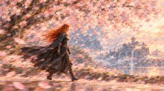 An anime-style illustration depicts a cloaked figure with long orange hair running through a pink cherry blossom landscape toward a distant castle.