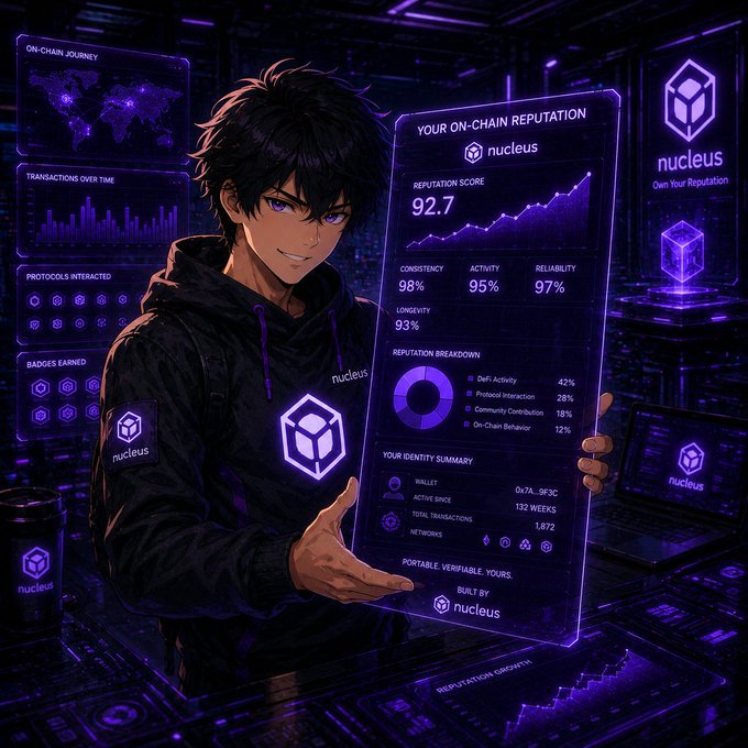 An anime-style character in a hoodie holding a holographic display showing 'Your On-Chain Reputation' by Nucleus with a score of 92.7, including metrics like Consistency (98%), Activity (95%), and Reliability (97%), set against a purple cyberpunk background.