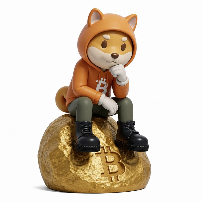 A 3D figurine of a Shiba Inu in an orange Bitcoin hoodie, sitting thoughtfully on a golden Bitcoin rock.