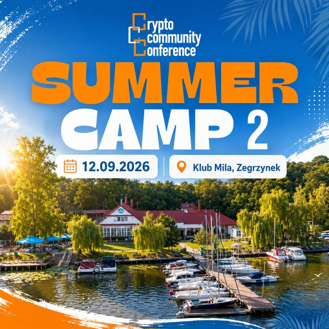 A promotional poster for 'Crypto Community Conference SUMMER CAMP 2' on 12.09.2026 at Klub Mila, Zegrzynek, showing a marina and building by the water.