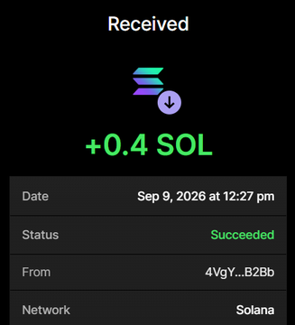 A crypto wallet screenshot showing a successful receipt of +0.4 SOL on the Solana network dated Sep 9, 2026 from address 4VgY...B2b, serving as proof of payment for the NUKEBULL token presale advertised in the post.